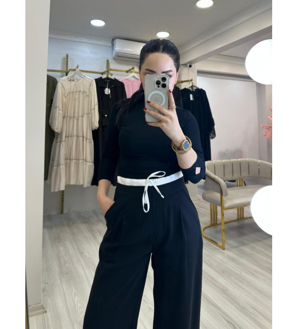 Saten Kemerli Siyah Pantolon