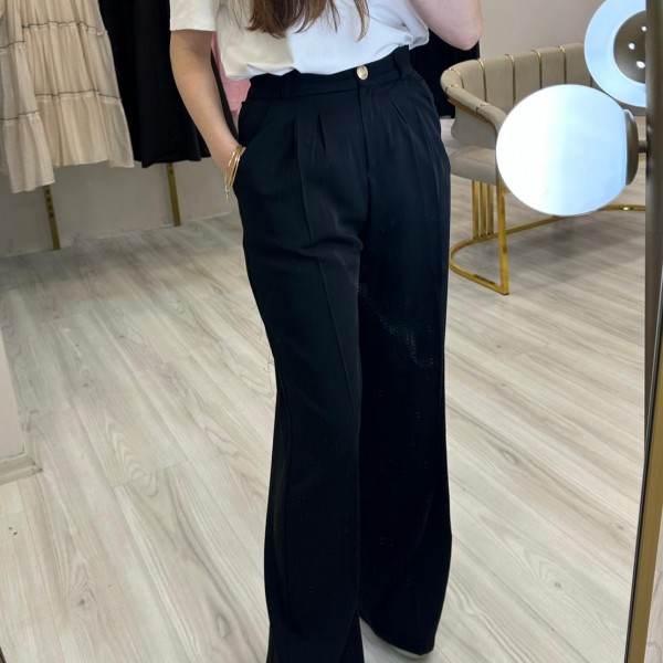 Siyah Gold Düğmeli Palazzo Pantolon