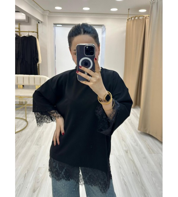 Siyah Dantelli Thişort