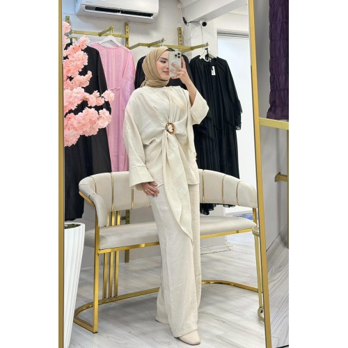 Krem Üst Tokalı Bluze Takım